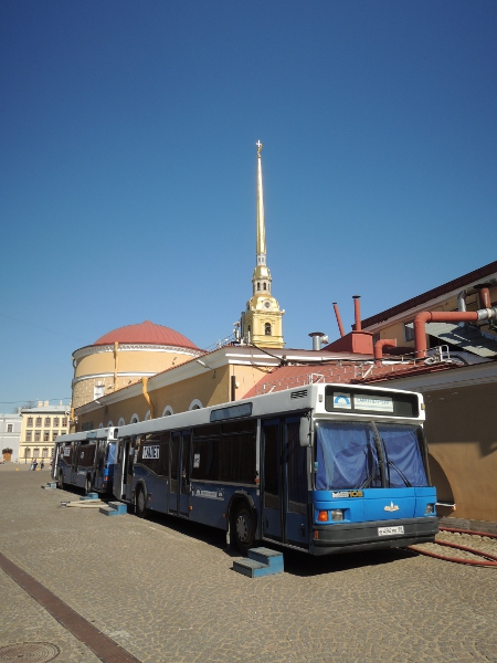 Toilettenbusse, im Hintergrund die St.-Peter-und-Pauls-Kathedrale